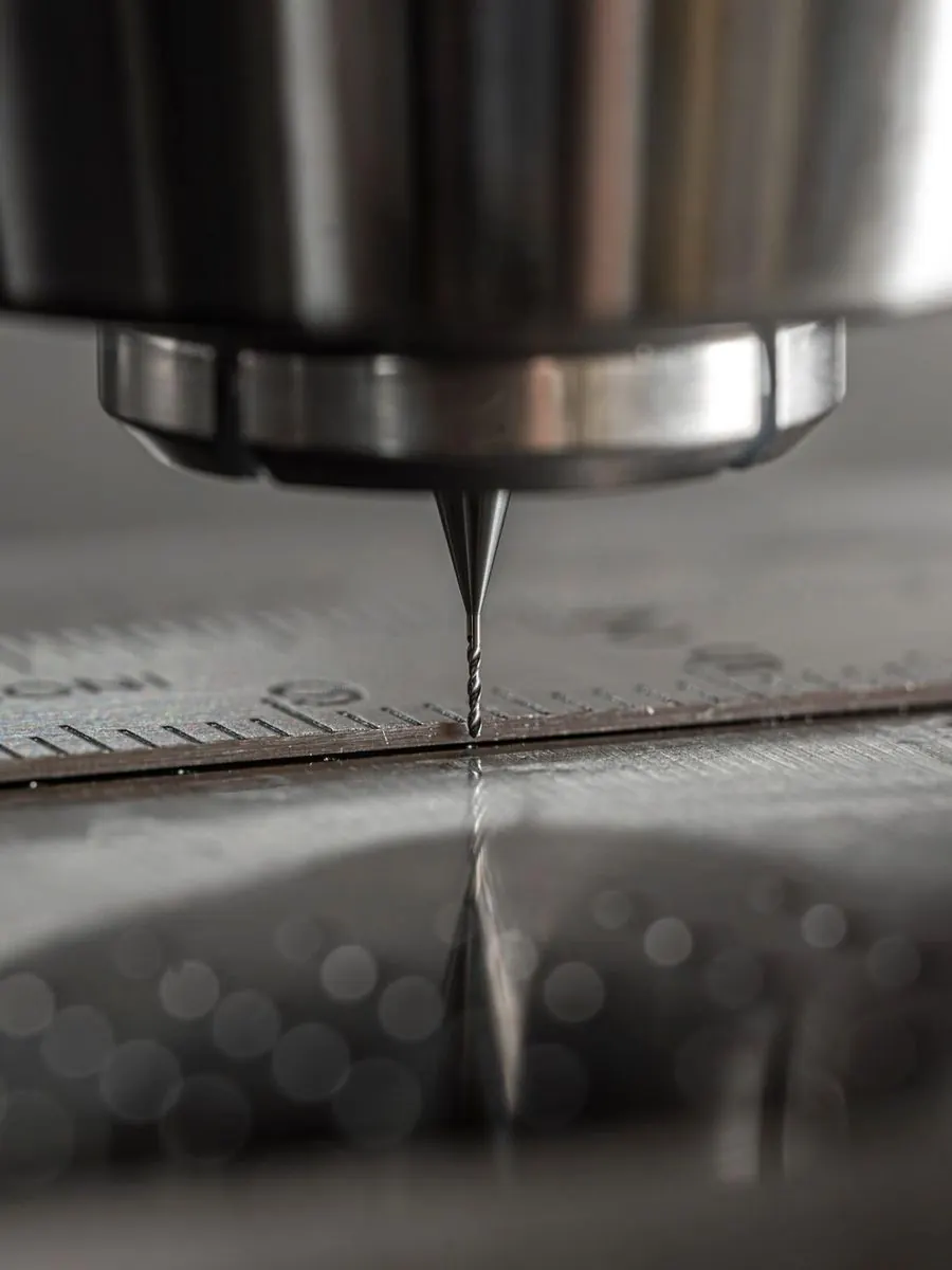 The spindle of a milling machine poised over a steel rule on a machined surface.