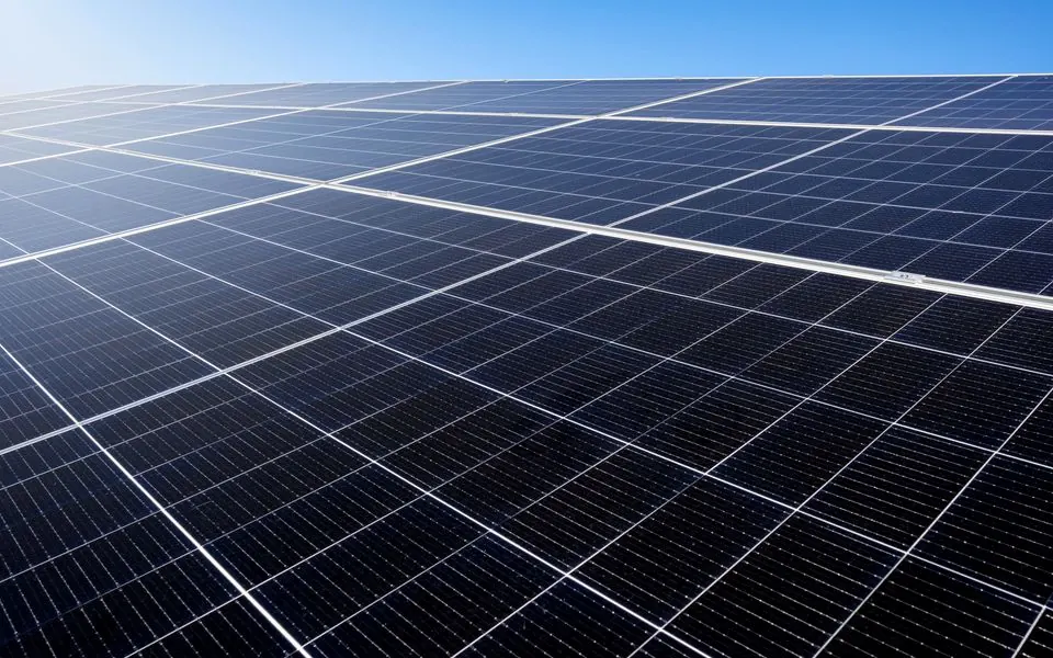 A solar panel array photographed close and low, its cells receding to the sky.